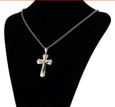 Anhänger Kreuz gold/silber bicolor mit Jesus und Kette