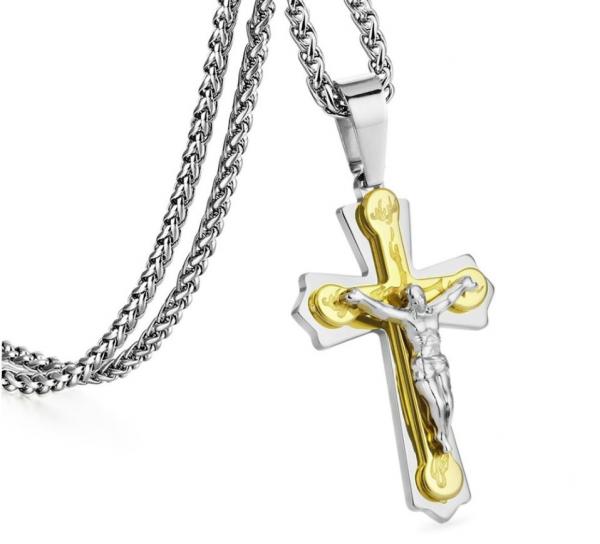 Anhänger Kreuz gold/silber bicolor mit Jesus und Kette