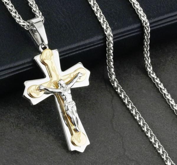 Anhänger Kreuz gold/silber bicolor mit Jesus und Kette